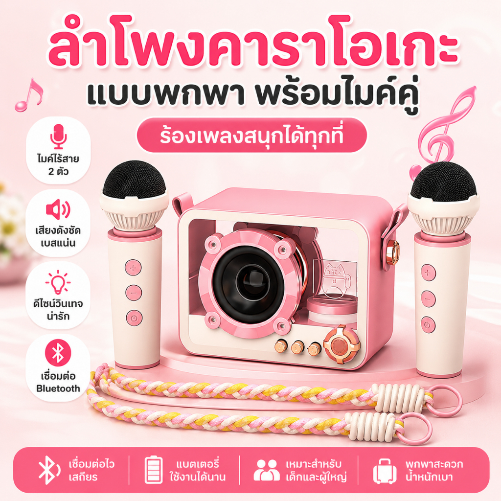แบบพกพาบลูทูธลําโพงคาราโอเกะไมโครโฟนไร้สายคู่แสง RGB เด็กครอบครัวคาราโอเกะเครื่องชาร์จลําโพงกลางแจ้ง
