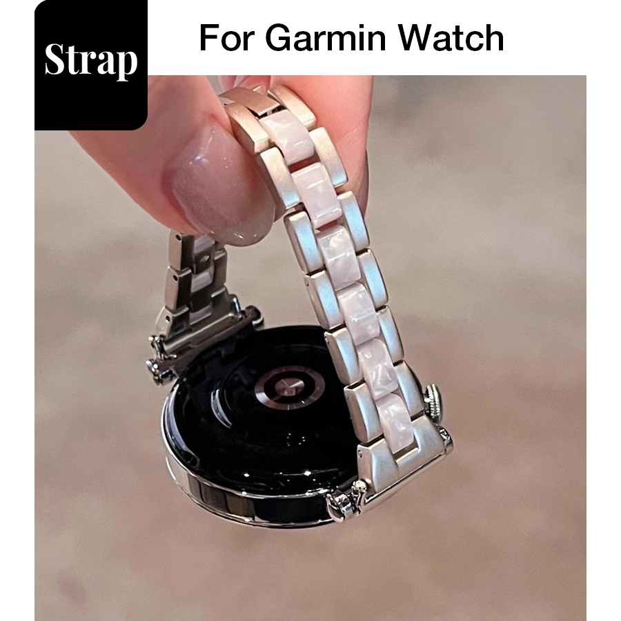 18 มม. 20 มม. 22 มม. ผู้หญิงเอวเล็กโลหะและเรซิ่น Elegant Thin Chain สร้อยข้อมือสำหรับ Garmin Forerunner 570 165 265s 255s 245 Venu 4 3 3s Vivoactive 5 6 สาย