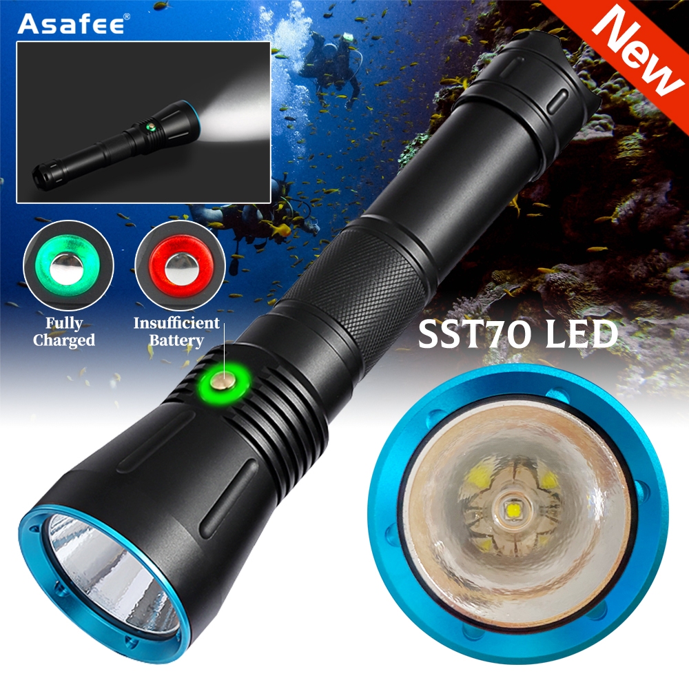 Asafee DA16 ไฟฉายดําน้ําที่มีประสิทธิภาพ 3600LM SST70 โคมไฟดําน้ําแบบชาร์จไฟได้ 50M ไฟฉายดําน้ํากันน้ํา