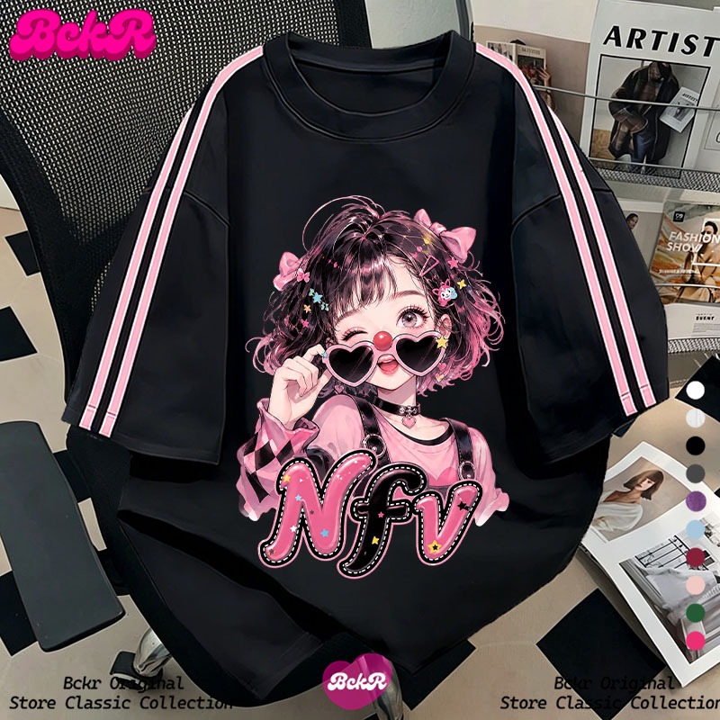【จัดส่งตลอด 24 ชั่วโมง】 BCKRลายเด็กผู้หญิงลายสามแถบtshirtเสื้อ ชุดหน้าร้อนoversizeคอกลมผู้หญิงYG4813