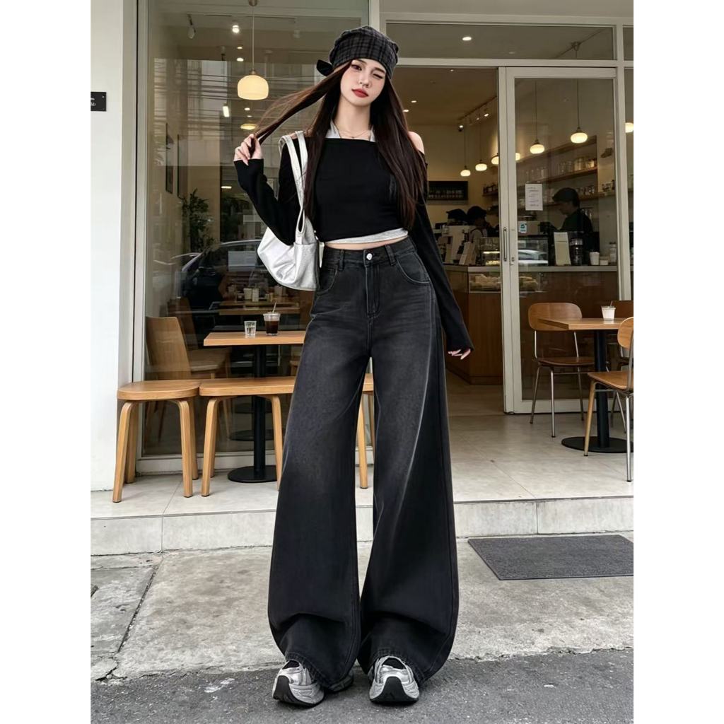 jeans กางเกงยีนส์ขากระบอกใหญ่สีดำ ผ้านุ่ม ใส่สบาย ขากว้าง กางเกงยีนส์ สาวอวบอ้วน baggy jeans