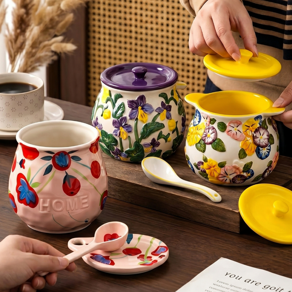 HongDian ceramic porcelain jar ขวดน้ำมัน/โถเครื่องปรุงเซรามิกลายดอกไม้ ความจุ 1000 มิลลิลิตร มาพร้อมฝาปิด ช้อน และหูจับ ป้องกันฝุ่นได้ดี ทำจากเซรามิกคุณภาพสูง ทนความร้อน ล้างทำความสะอาดง่าย เหมาะสำหรับใส่น้ำมัน เกลือ น้ำตาล หรือเครื่องปรุงรสต่าง ๆ