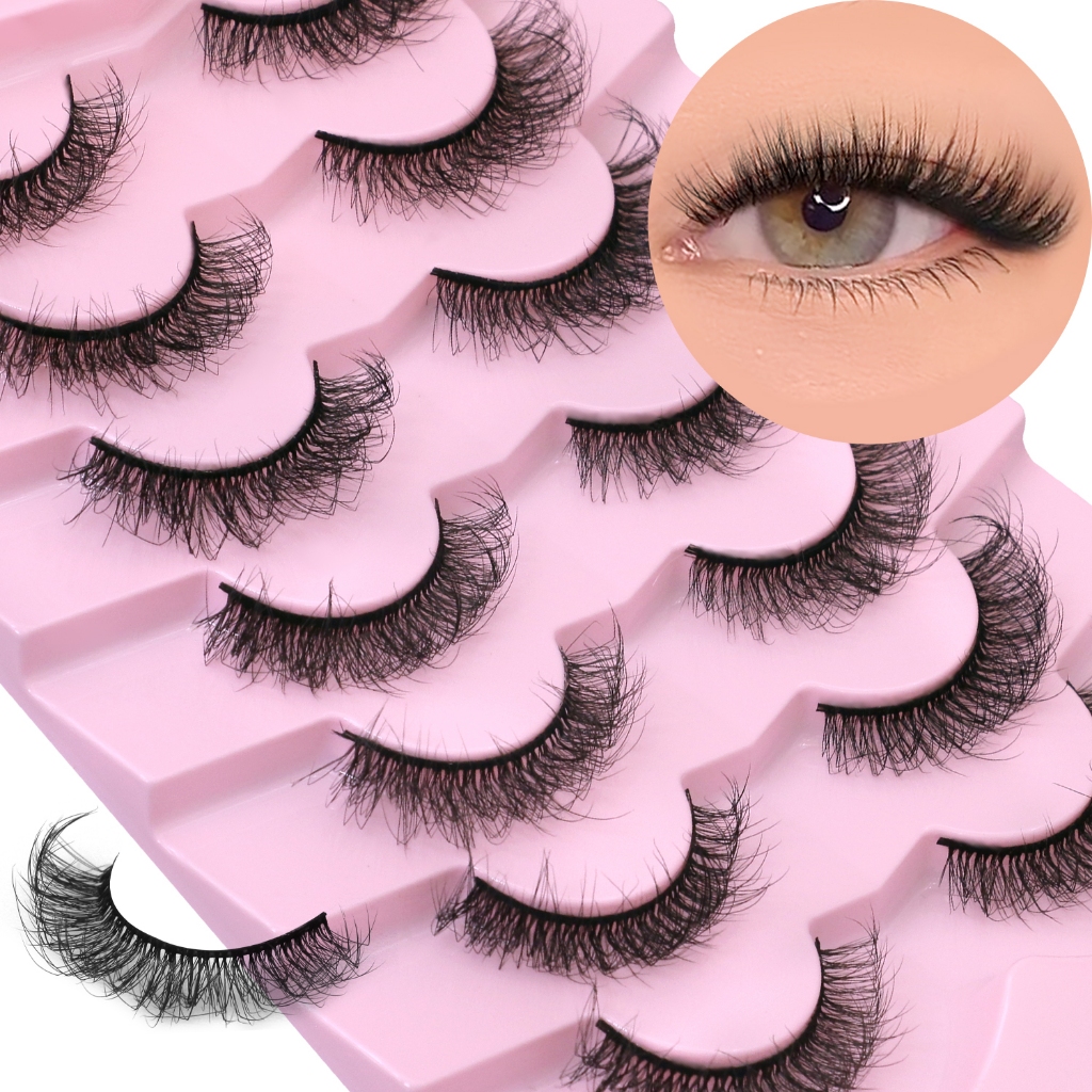 GROINNEYA ธรรมชาติดู Fluffy Cat Eye Lashes Wispy ขนตาปลอม 7 คู่บาง Band Faux Mink ง่ายต่อการทาสําหรับผู้เริ่มต้น