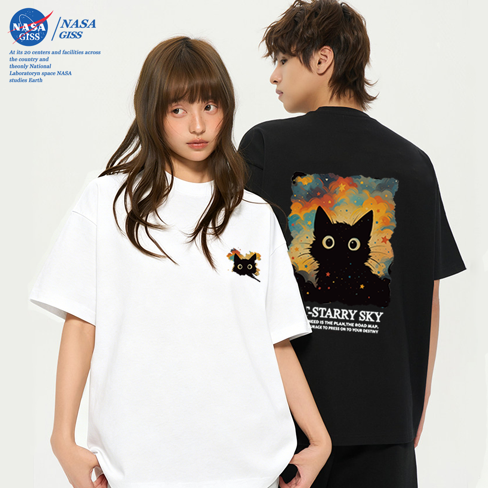 NASA เสื้อยืดชายหญิงแขนสั้น สตรีทฮิปฮอป summer แมวใต้ดวงดาว พิมพ์ลาย คอตตอน คอกลม หลวมและระบายอากาศ
