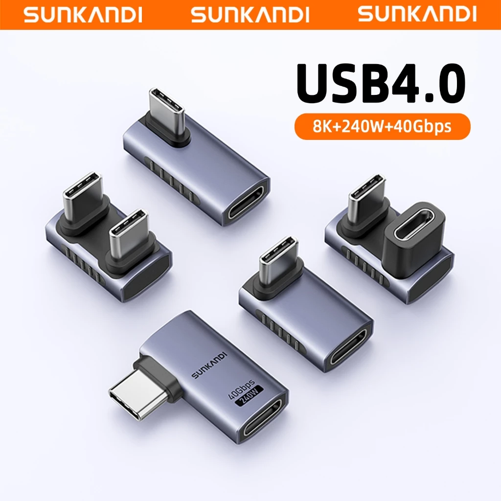 SUNKANDI Type-c USB 4.0 อะแดปเตอร์มุม 40Gbps 240W Fast Charging 8K @ 60Hz การส่งผ่านวิดีโอเพิ่มเติมประหยัดพื้นที่ Type-C ถึง Type-C
