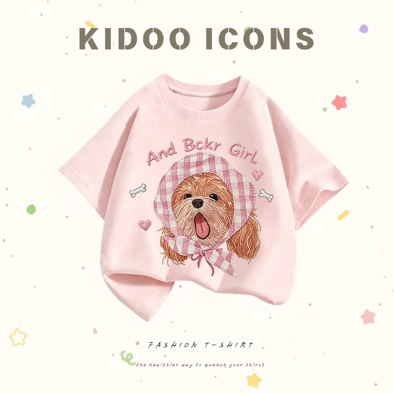 KIDOO ICONS เสื้อยืดเด็กคอกลม แขนสั้น สไตล์เกาหลี ลายหมาการ์ตูนใส่ผ้าคาดหัวน่ารัก ผ้าฝ้ายแท้ 100% #A01+5751