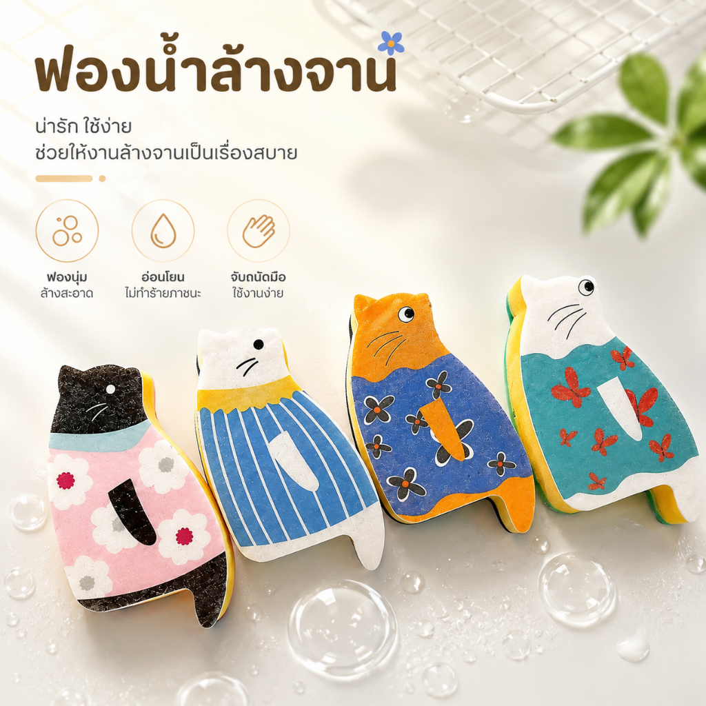 ฟองน้ำล้างจาน ฟองน้ำทำความสะอาดครัว ฟองน้ำบีบอัด ฟองน้ำเยื่อไผ่ ขจัดคราบมัน ไม่ทำร้ายภาชนะ ลายน่ารัก S00012