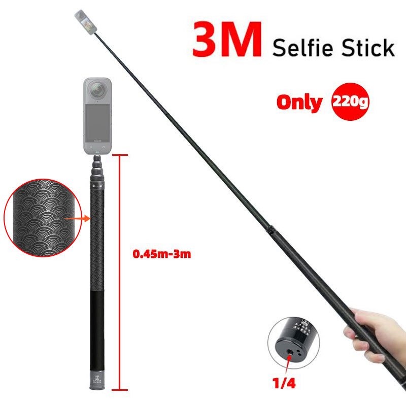 ไม้เซลฟี่ที่มองไม่เห็น 3ม ยาวพิเศษสําหรับกล้องแอคชั่นแคมเมรา 360 อุปกรณ์เสริมขาตั้งกล้องแบบพับได้ โกโปร