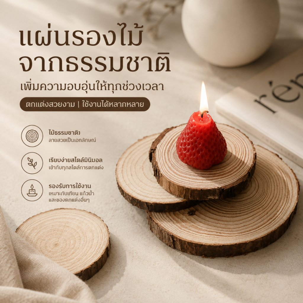 แผ่นไม้สนธรรมชาติ รองแก้วไม้ธรรมชาติ แผ่นรองเทียน พร็อพถ่ายสินค้า ของตกแต่งบ้าน มินิมอล ไม้แท้ S00016