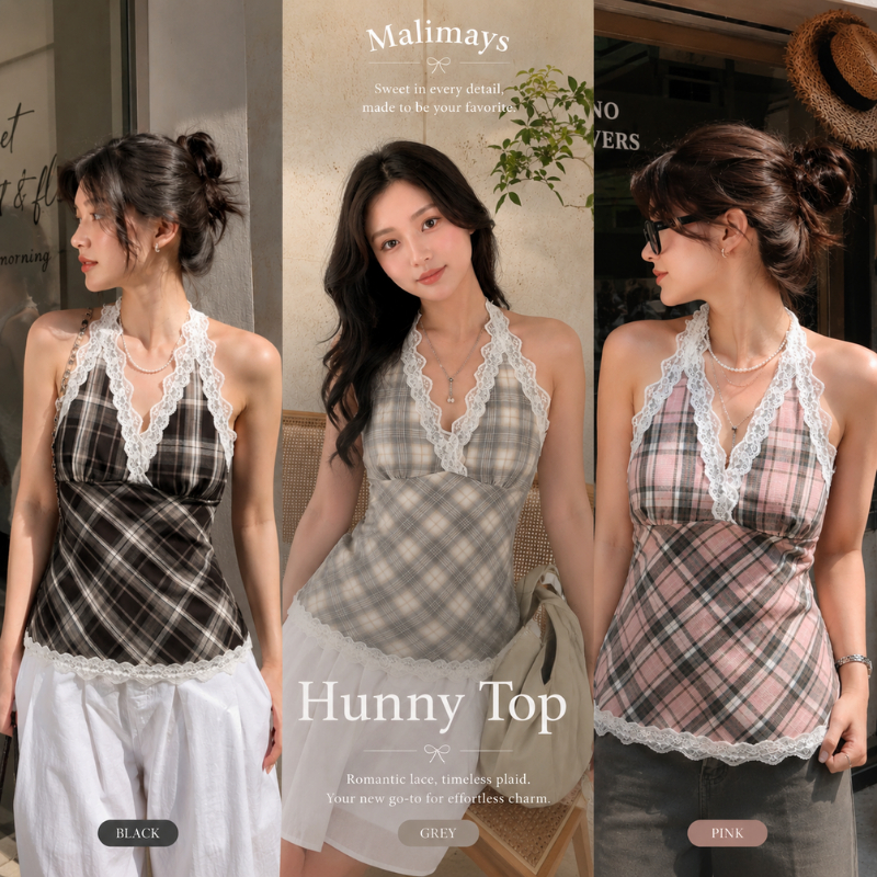 Flash SALE🔥 เสื้อกล้าม Hunny Top สายคล้องคอลายตารางขอบลูกไม้ หลังสม็อกยืด รัดรูปสไตล์หวานวินเทจ