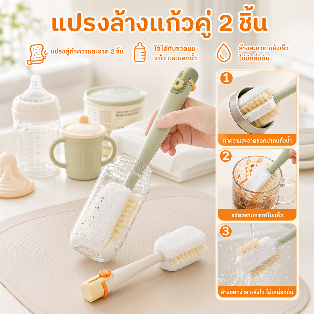 🚚🚚24h จัดส่งจากกรุงเทพ 🚚🚚2ชิ้น แปรงล้างแก้วอเนกประสงค์แบบพกพา/แปรงทําความสะอาด ได้แขวนได้ ฟองน้ำล้างแก้ว/แปรงล้างขวด/หัวแปรงนุ่ม แปรง แปรงล้างถ้วย