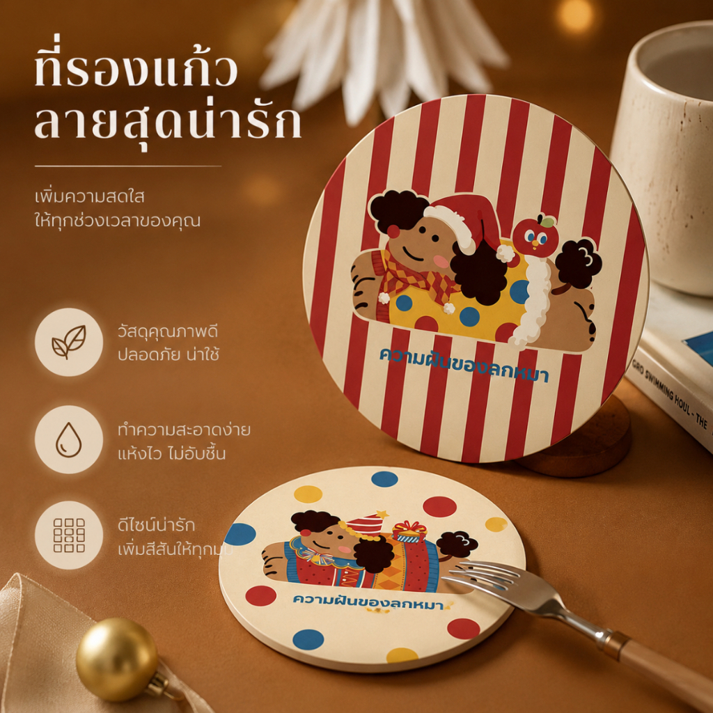 16cm ที่รองแก้วดูดซับน้ำ ลายหมาคัชชุนน่ารัก แผ่นรองแก้ว พื้น PVC กันลื่น กันน้ำ ของแต่งบ้าน S00018