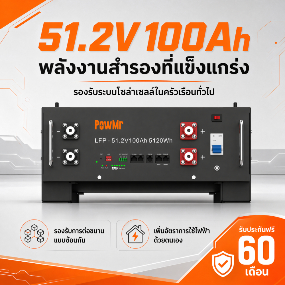 PowMr LiFePO4 Battery 51.2V 100Ah 5120Wh 6000 Cycles 100A BMS Home Solar Energy Storage Can Stack 4 Units 5-Year Warranty Supports 12 Units in Parallel