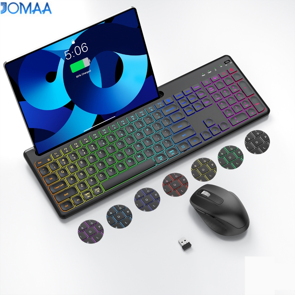 JOMAA RGB Backlit คีย์บอร์ดและเมาส์ไร้สายพร้อมที่วางขาตั้งขนาดเต็ม Ergonomic คีย์บอร์ดเมาส์ชุดสําหรับแล็ปท็อปพีซี