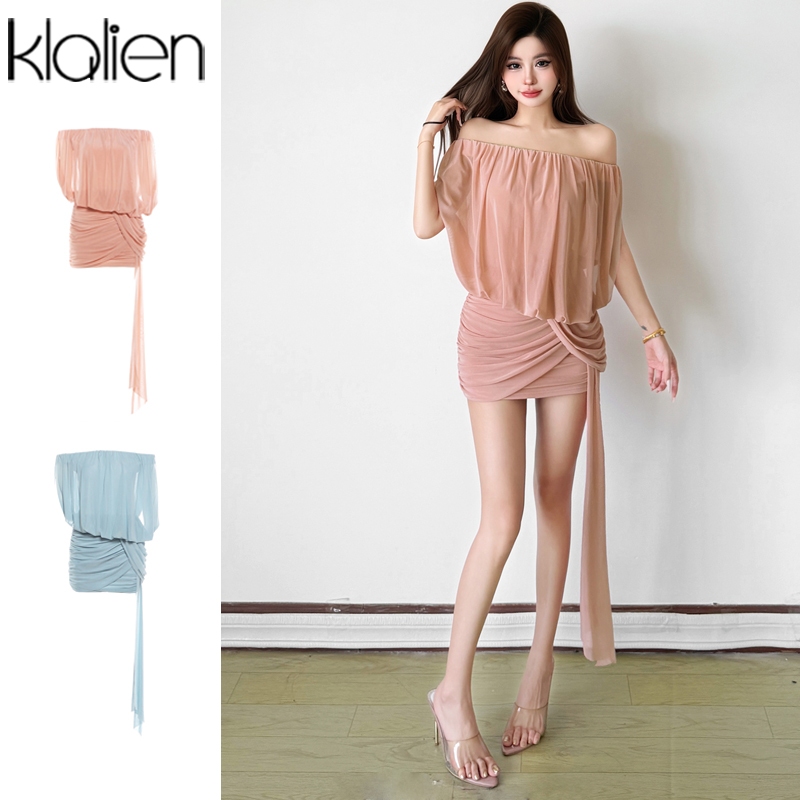 Klalien Slash-คอ Ruched สะโพกห่อมินิเดรสรูปเอวดู Slimmer ผู้หญิงฤดูร้อนภาษาฝรั่งเศสคํา Elegant สไตล์