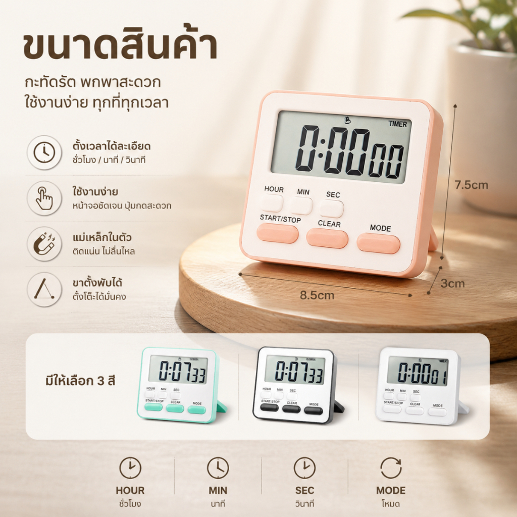 นาฬิกาจับเวลา เครื่องตั้งเวลาดิจิทัล ตั้งเวลาได้ ใช้งานง่าย สำหรับครัวและการเรียน S00126
