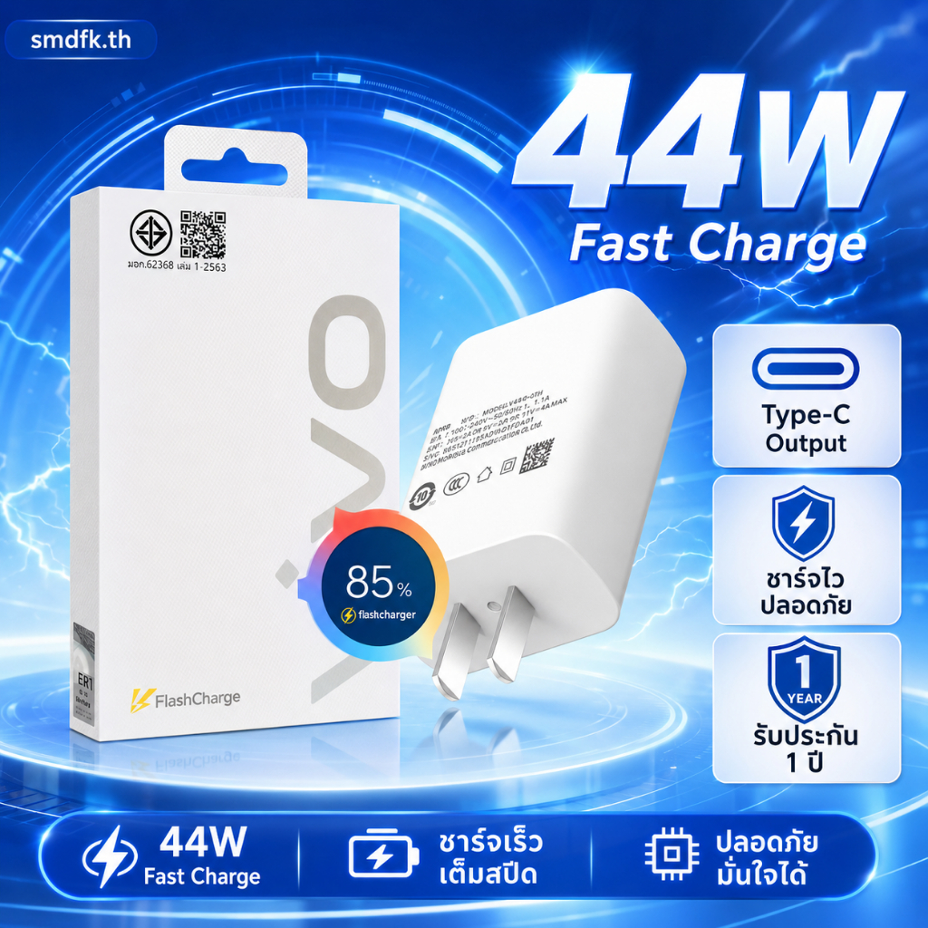 ชุดชาร์จ Vivo 44W Type-C FastCharge 2.0 [หัวชาร์จ+สายชาร์จ] ชาร์จเร็ว รองรับ V23E V23 V21 V20 V19 V1