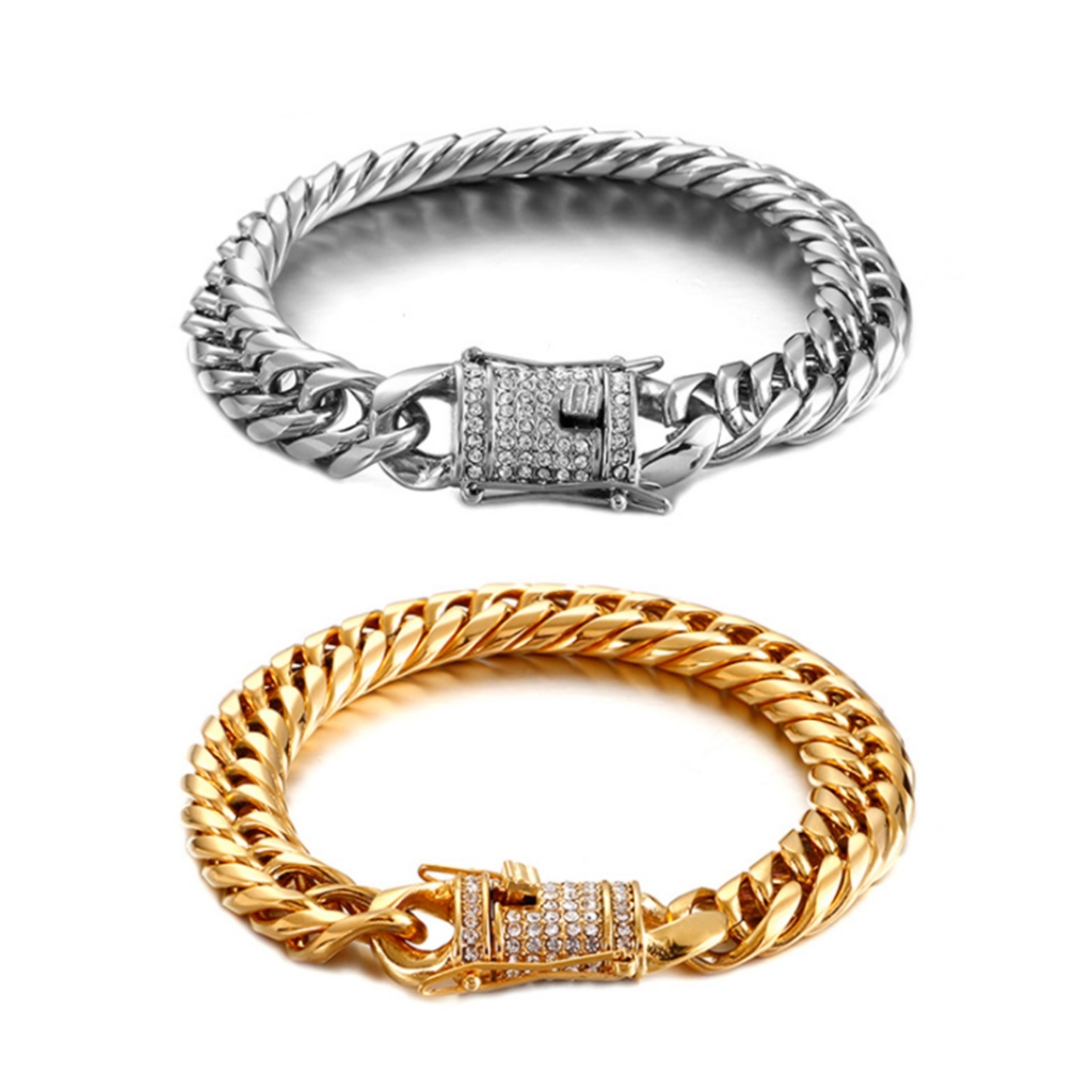 สแตนเลส Miami Cuban Link สร้อยข้อมือ 9 มม.-16 มม.ทองชุบ Iced CZ Clasp Premium Hip Hop เครื่องประดับส