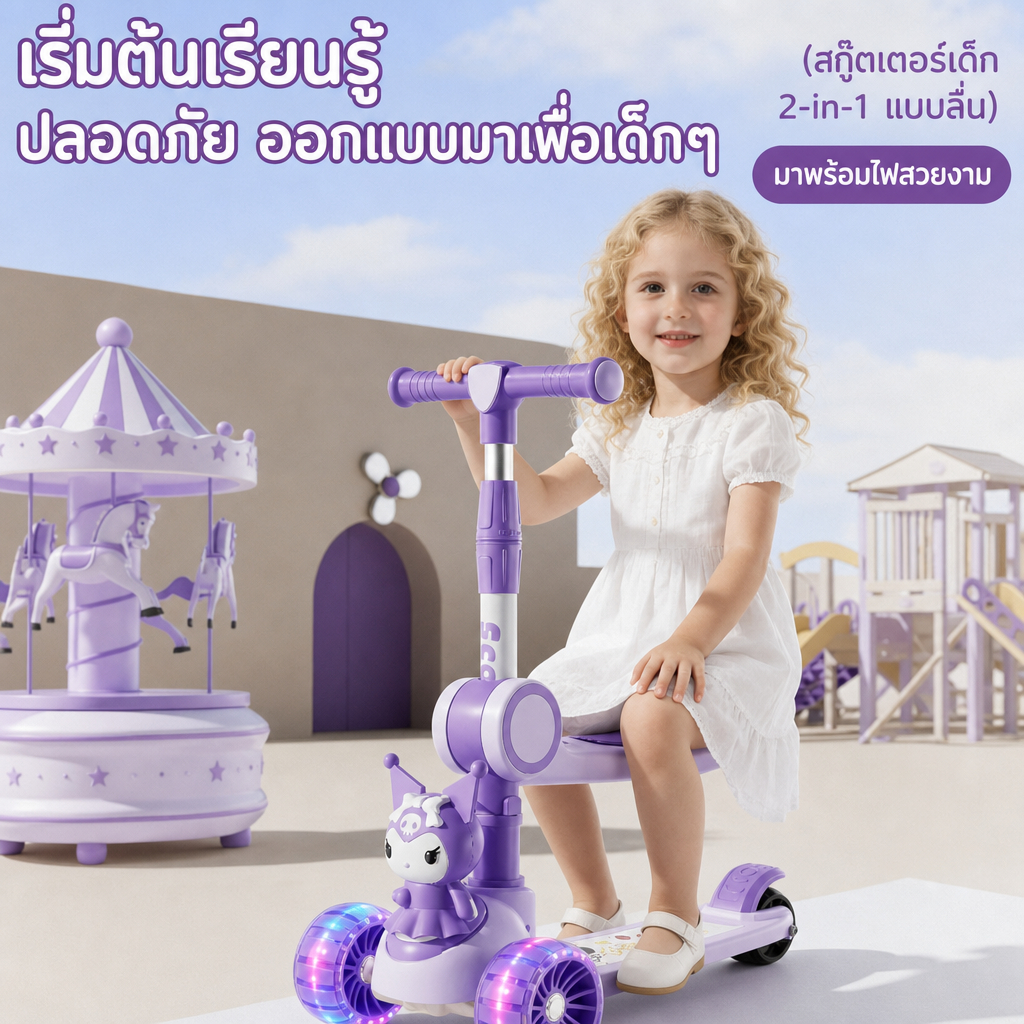 สกูตเตอร์ Kuromi สกูตเตอร์เด็ก 1-6 ขวบ ของเล่นเด็กนั่งได้ ของเล่นขี่ได้ 2in1 ดีไซน์ป้องกันพลิกคว่ำ ไฟ LED สว่างเห็นชัด น้ำหนักเบา ปลอดภัยสำหรับเด็กชายและหญิง