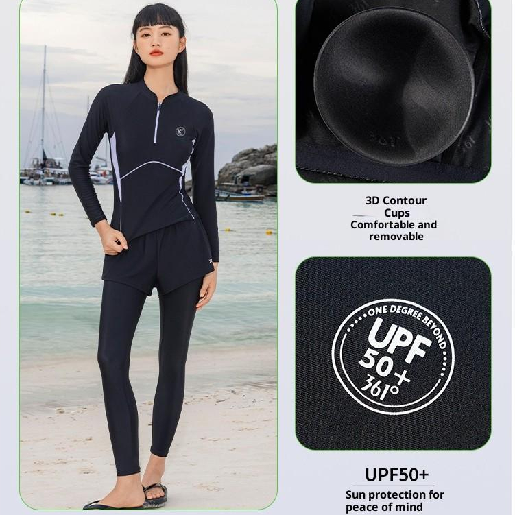 361° ผู้หญิง Rashguard สีดําชายหาดว่ายน้ําท่องชุดกีฬาชุด UPF50 + แขนยาวสองชิ้น