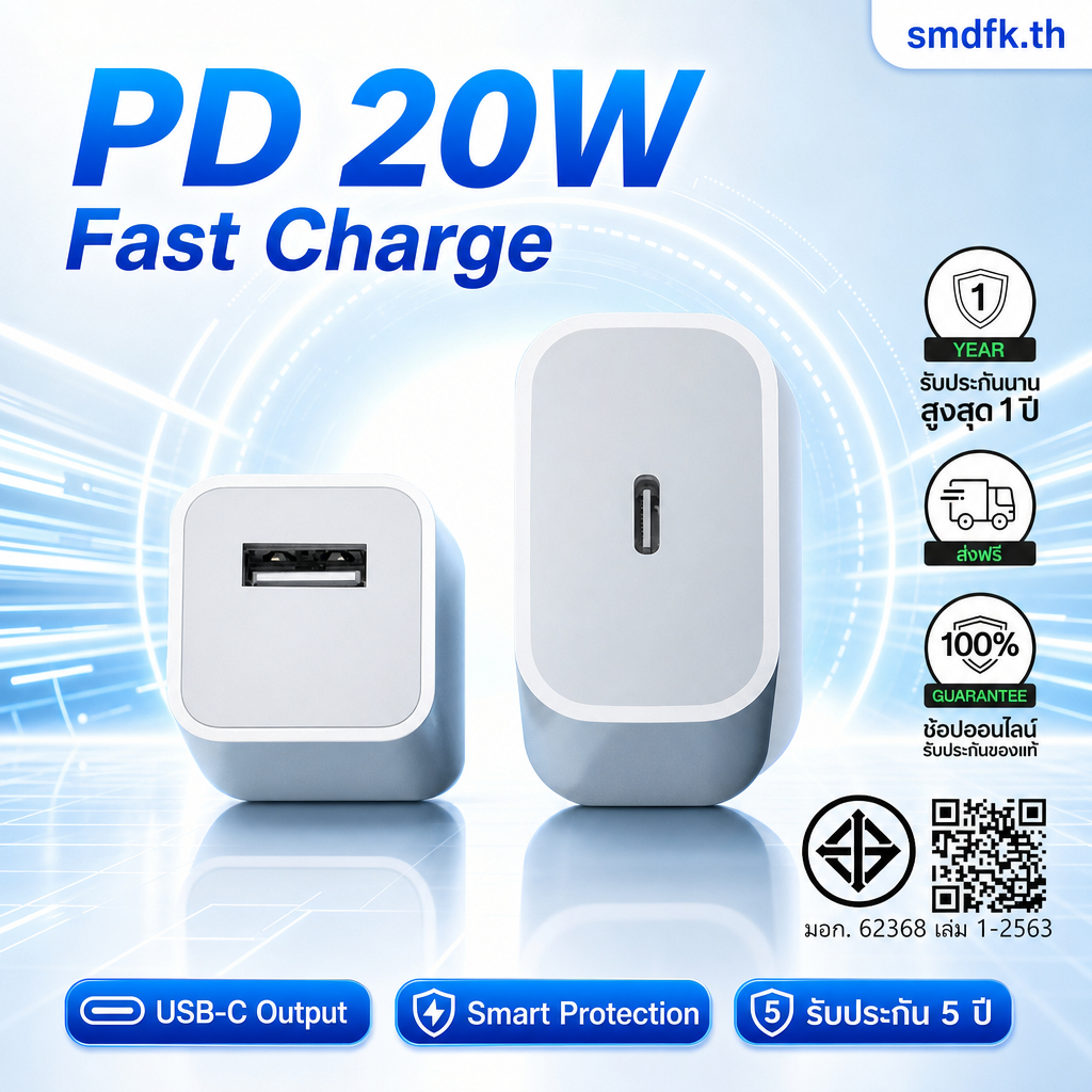 หัวชาร์จเร็ว PD 20W USB-C Power Adapter Type-C อินพุต AC110-240V เอาต์พุต 5V/3A 9V/2.22A 12V/1.67A ช
