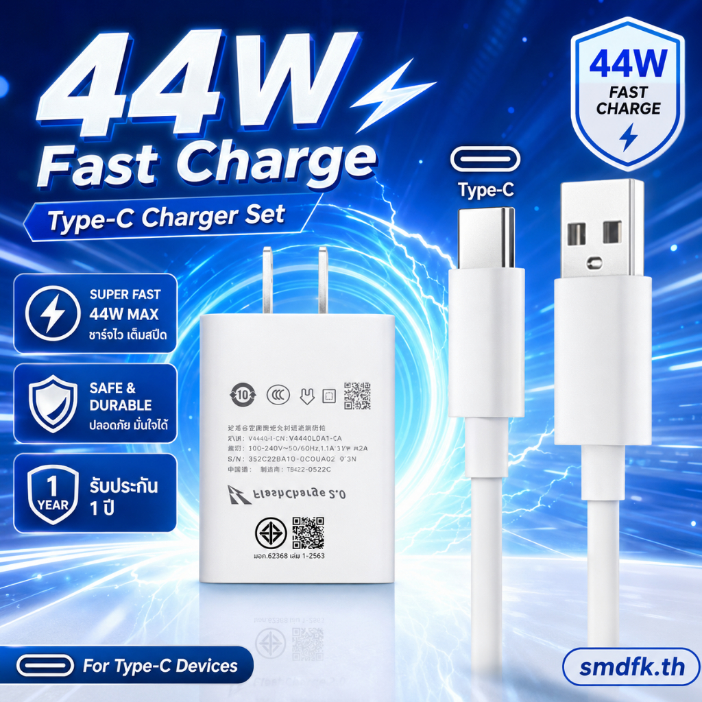 หัวชาร์จเร็ว VIVO 44W ชุดแท้ Type-C [หัวชาร์จ+สาย] ชาร์จไว 4A ทนทาน รองรับ V23E V23 V21 V20 V19 V17 
