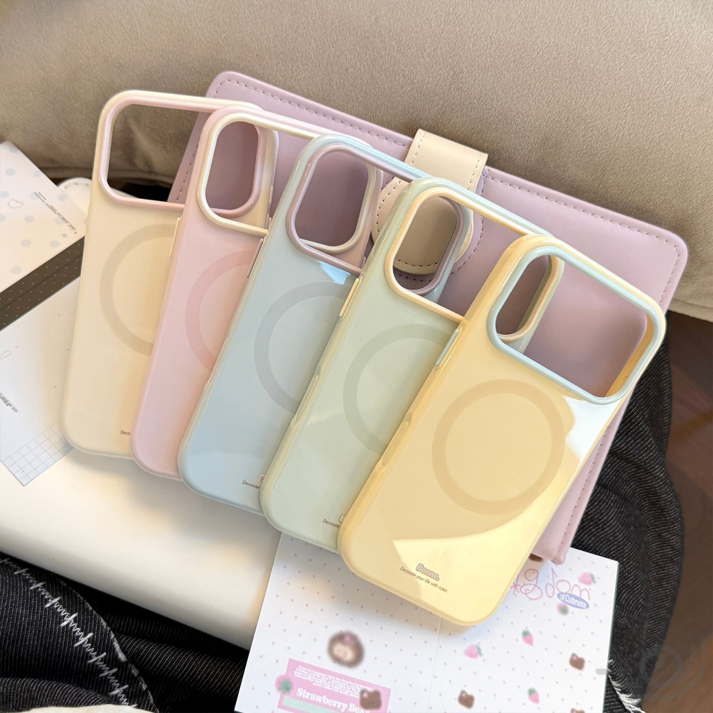 แฟชั่น Macron สีทึบเคลือบเงาแม่เหล็กเคสโทรศัพท์กันกระแทกฝาหลังสําหรับ iPhone 17 16 15 14 13 Pro Max 17Pro