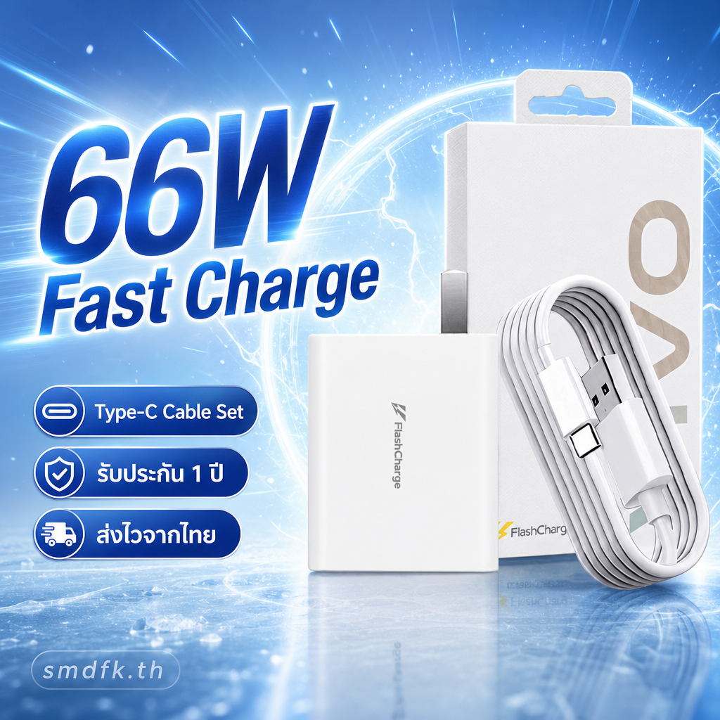ที่ชาร์จเร็ว vivo 66W ชุดหัวชาร์จ+สาย Type-C แฟลชชาร์จ รองรับ V23 V27 X70 Pro T1 5G หลายรุ่น ทนทาน ส่งไว รับประกัน 1 ปี
