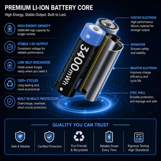 AJNWNM 100% 1.5v AA แบตเตอรี่ชาร์จ 3400mWh Li-ion แบตเตอรี่ AA 1.5V แบตเตอรี่ AA