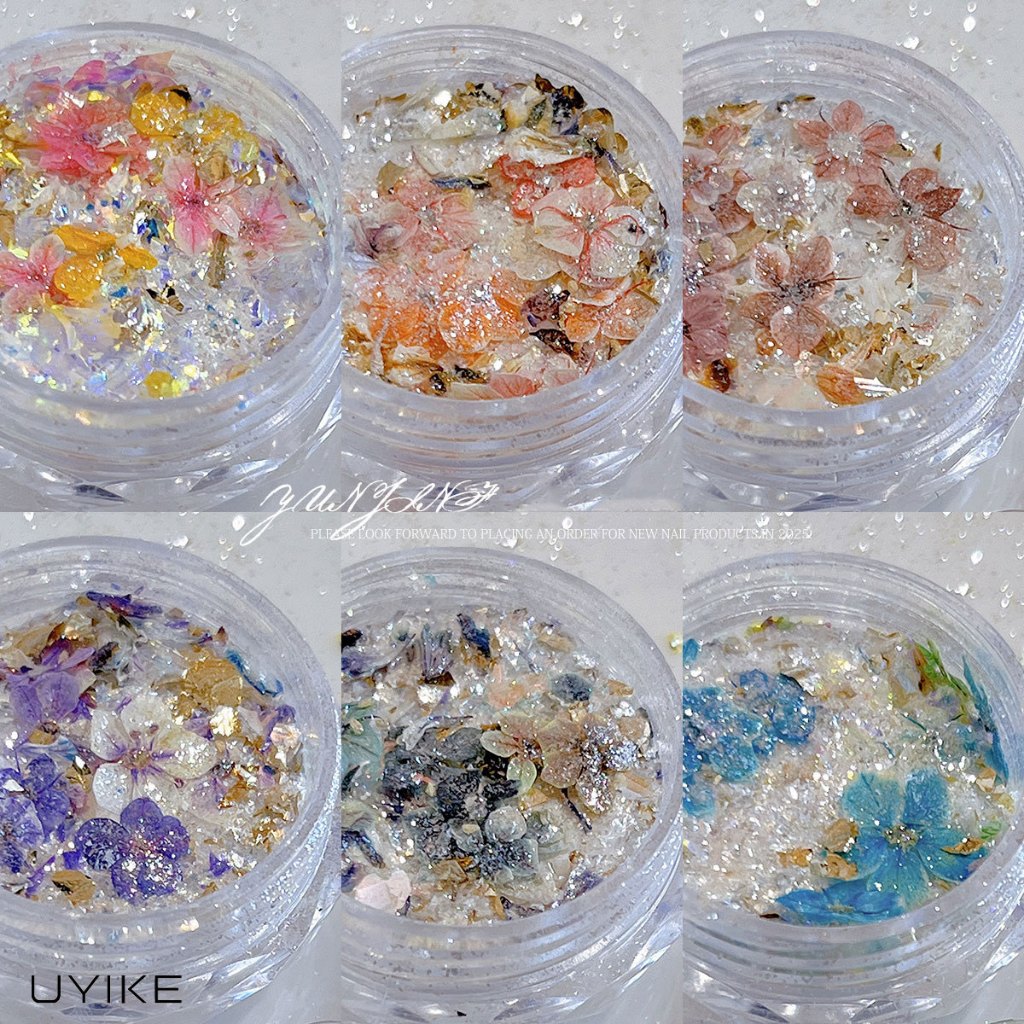 UYIKE Mystery Garden Opal Nail Powder, Dreamy Iridescent Fairy Cloud Brocade, ดอกไม้แห้ง Glitter & Nail Sequins ตกแต่ง