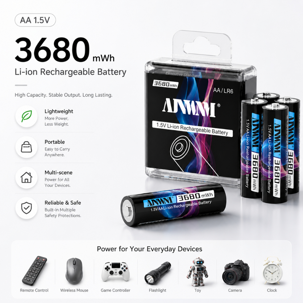 1.5V AA แบตเตอรี่ชาร์จ 3680mWh แบตเตอรี่ AA 1.5v