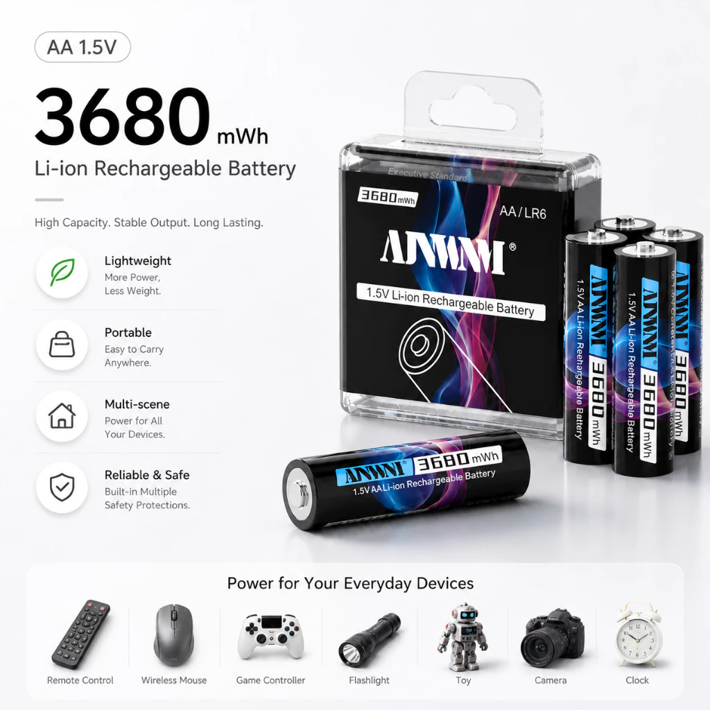 1.5V AA แบตเตอรี่ชาร์จ 3680mWh แบตเตอรี่ AA 1.5v