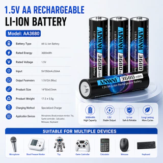 1.5V AA แบตเตอรี่ชาร์จ 3680mWh แบตเตอรี่ AA 1.5v