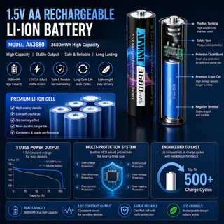 1.5V AA แบตเตอรี่ชาร์จ 3680mWh แบตเตอรี่ AA 1.5v