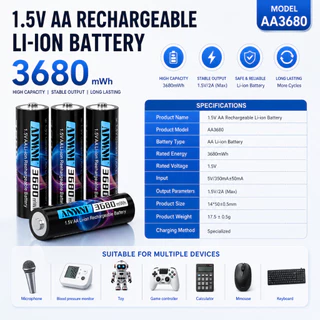 1.5V AA แบตเตอรี่ชาร์จ 3680mWh แบตเตอรี่ AA 1.5v