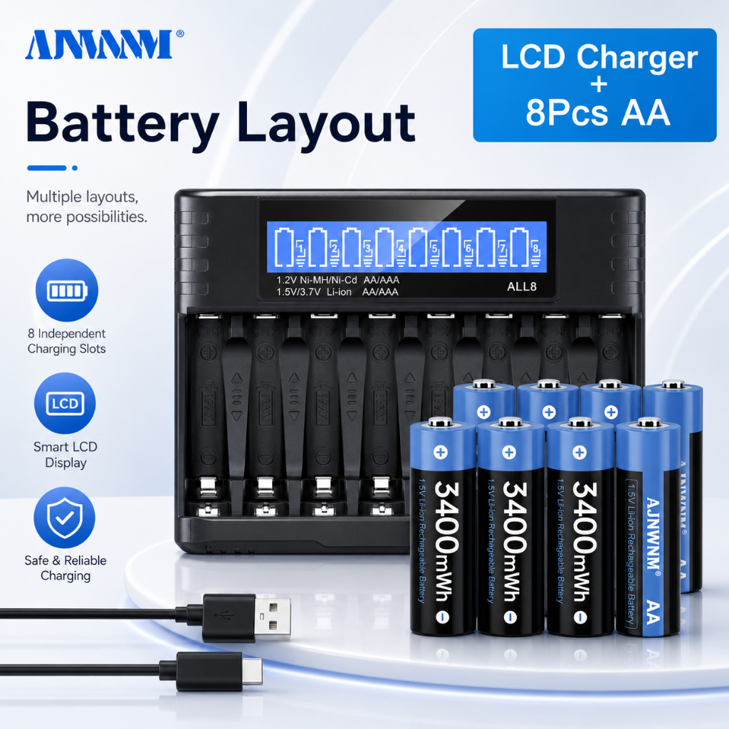 AJNWNM  AA แบตเตอรี่ 1.5v 3400mWh แบตเตอรี่ AA + LCD Charger สําหรับ 1.5v AA AAA