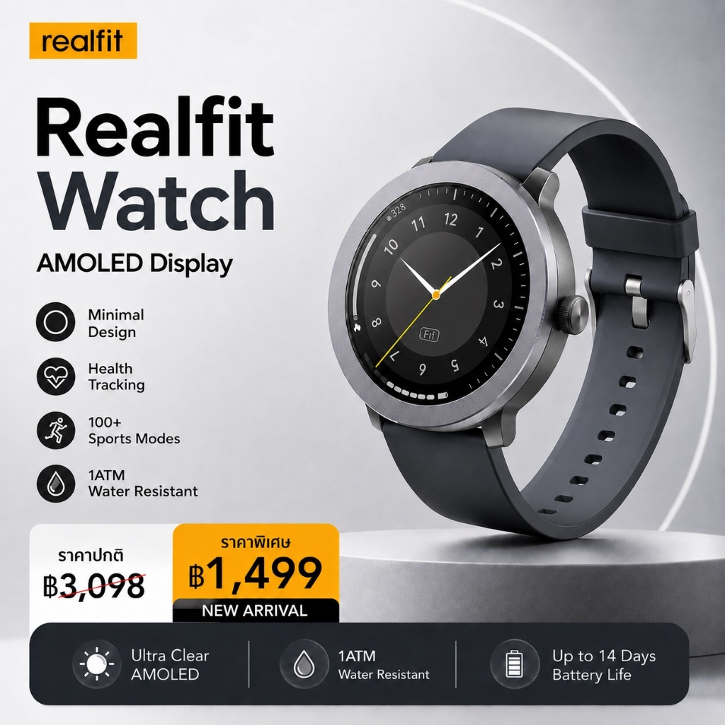 [สินค้ามาใหม่] Realfit Smart Watch ดีไซน์มินิมอล AMOLED 1.43 นิ้ว โทรผ่านบลูทูธ เปลี่ยนหน้าปัด 100+ แบบ แบต 14 วัน