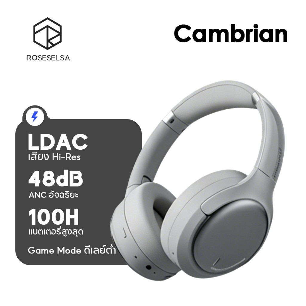ROSESELSA Cambrian Hi-Res ANC หูฟัง 48dB การตัดเสียงรบกวน LDAC เสียง 100H แบตเตอรี่ Dual อุปกรณ์โหมดเกม Latency ต่ํา 5-Mic ENC Memory Foam Cushions