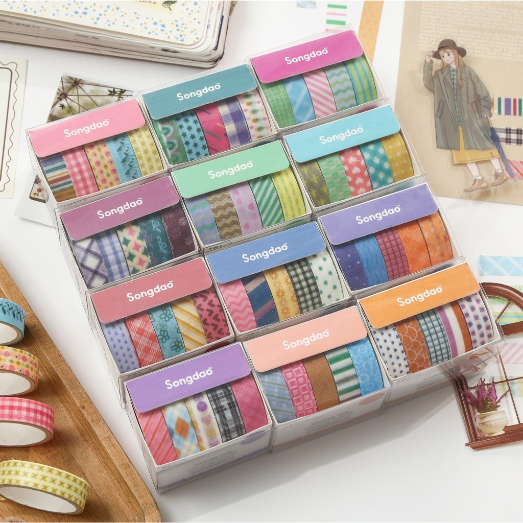 Penlab 5 ม้วน Peach Blossom Washi เทปชุดบาง 10mmx2m กาวตกแต่ง Masking เทปสําหรับไดอารี่อัลบั้ม Home DIY หัตถกรรม C3342