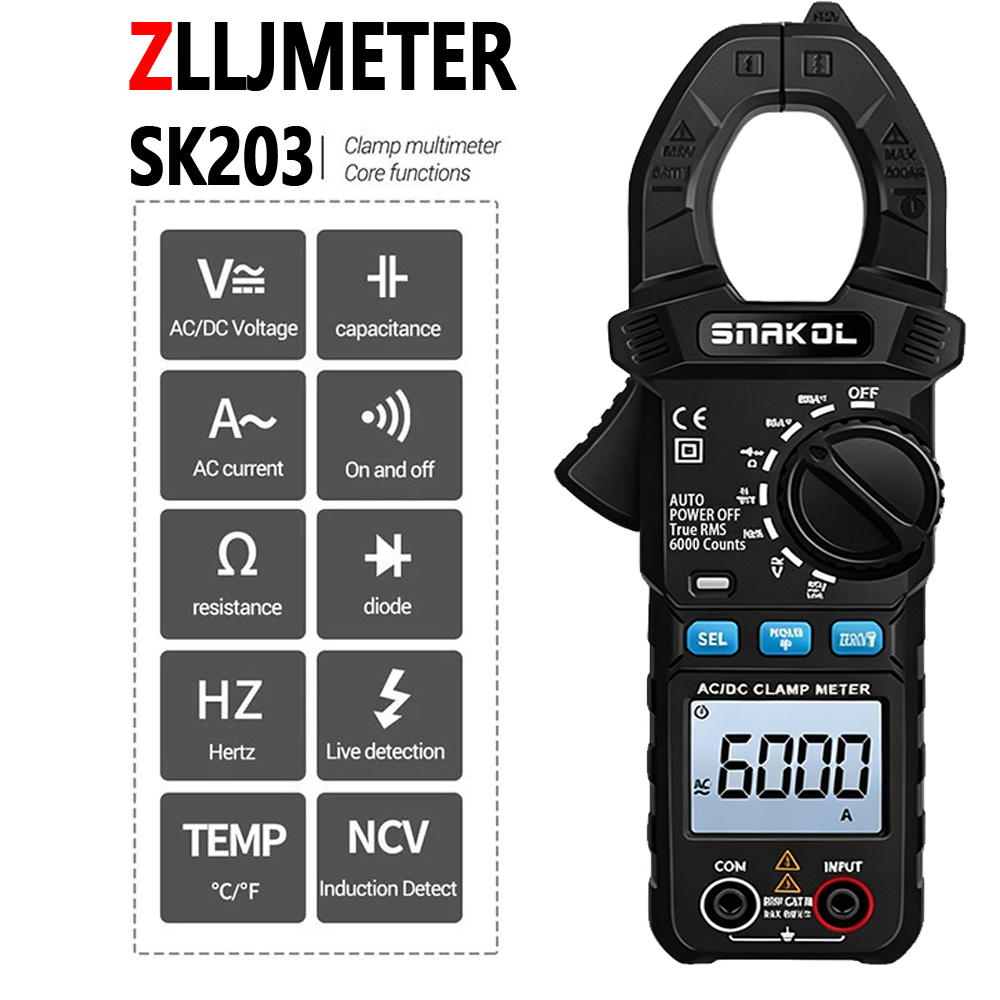 ZLLJMETER มัลติมิเตอร์แบบดิจิตอลแคลมป์ SK203 แรงดันไฟฟ้า AC/DC NCV true RMS