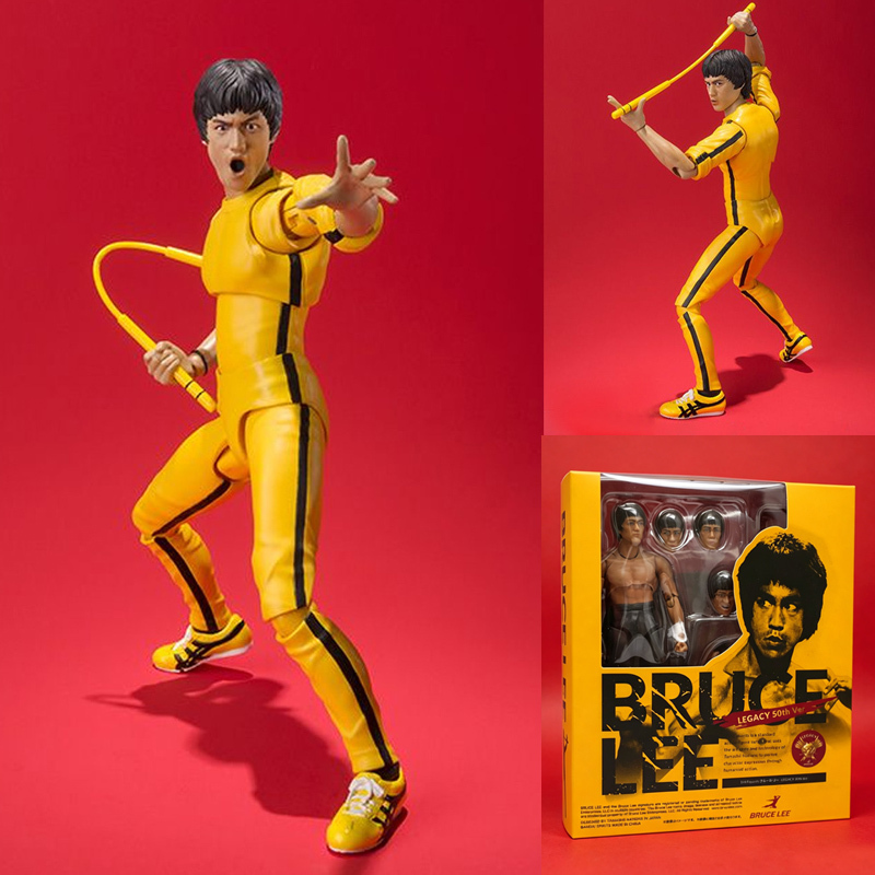 14 ซม.สีเหลือง Jumpsuit Kung Fu Bruce Lee Action Figure ของเล่นรูปปั้น Desktop Decor Collection Joint Mobility รูปพัดลมของขวัญ