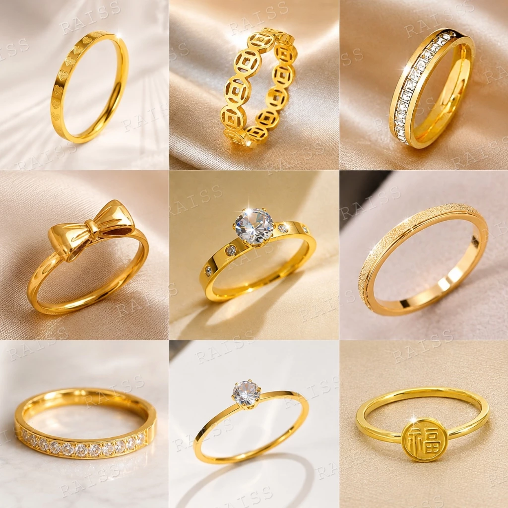 แหวนเหล็กไทเทเนียม ทอง 18k ประดับเพชร ทรงกลม สไตล์เกาหลี สําหรับผู้หญิง และผู้ชาย