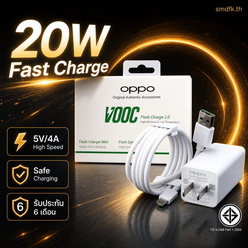 ชุดชาร์จเร็ว VOOC 20W USB A Micro 7 พิน 5V 4A สายชาร์จ 1 ม. รองรับรุ่น A15 A16K A17 A5s F7 F9 F11 F1