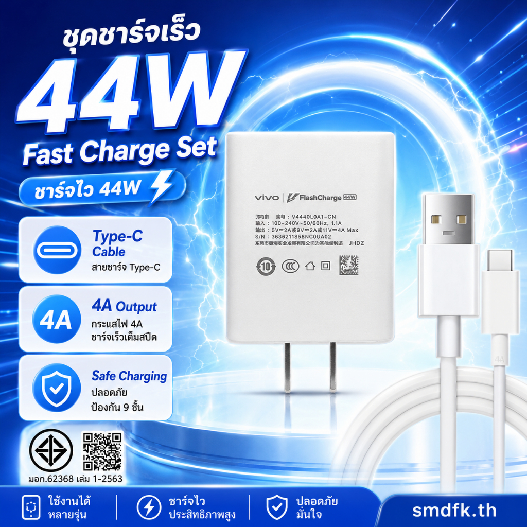 ชุดชาร์จเร็ว VIVO 44W Type-C [หัวชาร์จ+สายชาร์จ 4A] ซุปเปอร์แฟลช รองรับ V21 V23E V20Pro V19 X50 Y72 