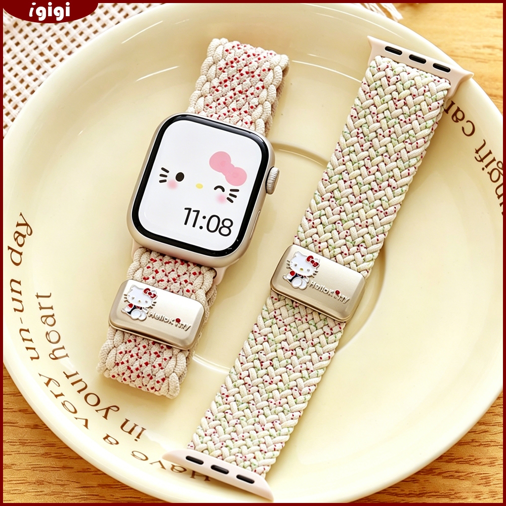 Hello Kitty Magnetic Double Loop สายไนลอนสําหรับ Apple Watch 46/45/44/42 มม.41 มม.40 มม.38 มม.Series 1-11 SE Ultra – หัวเข็มขัดแม่เหล็กเรซินน่ารัก, ถักยืดหยุ่น