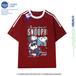 NASA เสื้อยืดสามแถบชายหญิง oversize แขนสั้น สไตล์ลำลอง summer สนูปี้ พิมพ์ลาย คอตตอน100% คอกลม หลวมและระบายอากาศ