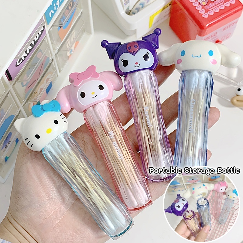 SANRIO ซานริโอ กล่องไม้จิ้มฟันใสการ์ตูนน่ารักไหมขัดฟันเดินทางแบบพกพาสําลีขวดเก็บ