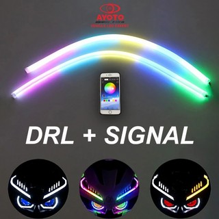 AYOTO RGB LED universal strip light eyebrow eyeline kilay underglow bluetooth APP control sequential flowing chasing running dynamic strobe DRL turn signal music multi mode upgrade DIY custom retrofit for motorcycle car 12V flexible heavy duty durable