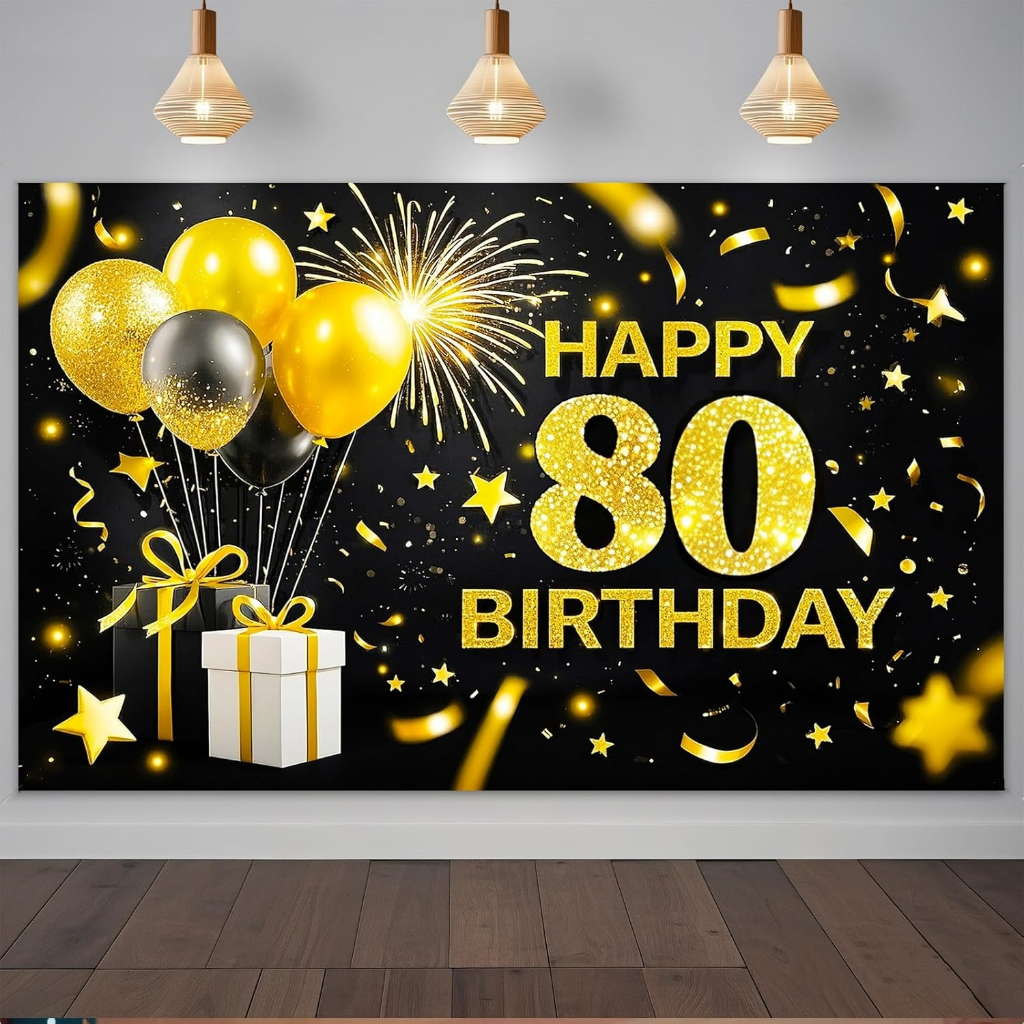 Happy 80th Birthday Party แบนเนอร์ฉากหลังสีดําและสีขาวแปดวันเกิดตกแต่งการถ่ายภาพพื้นหลัง Photo Booth