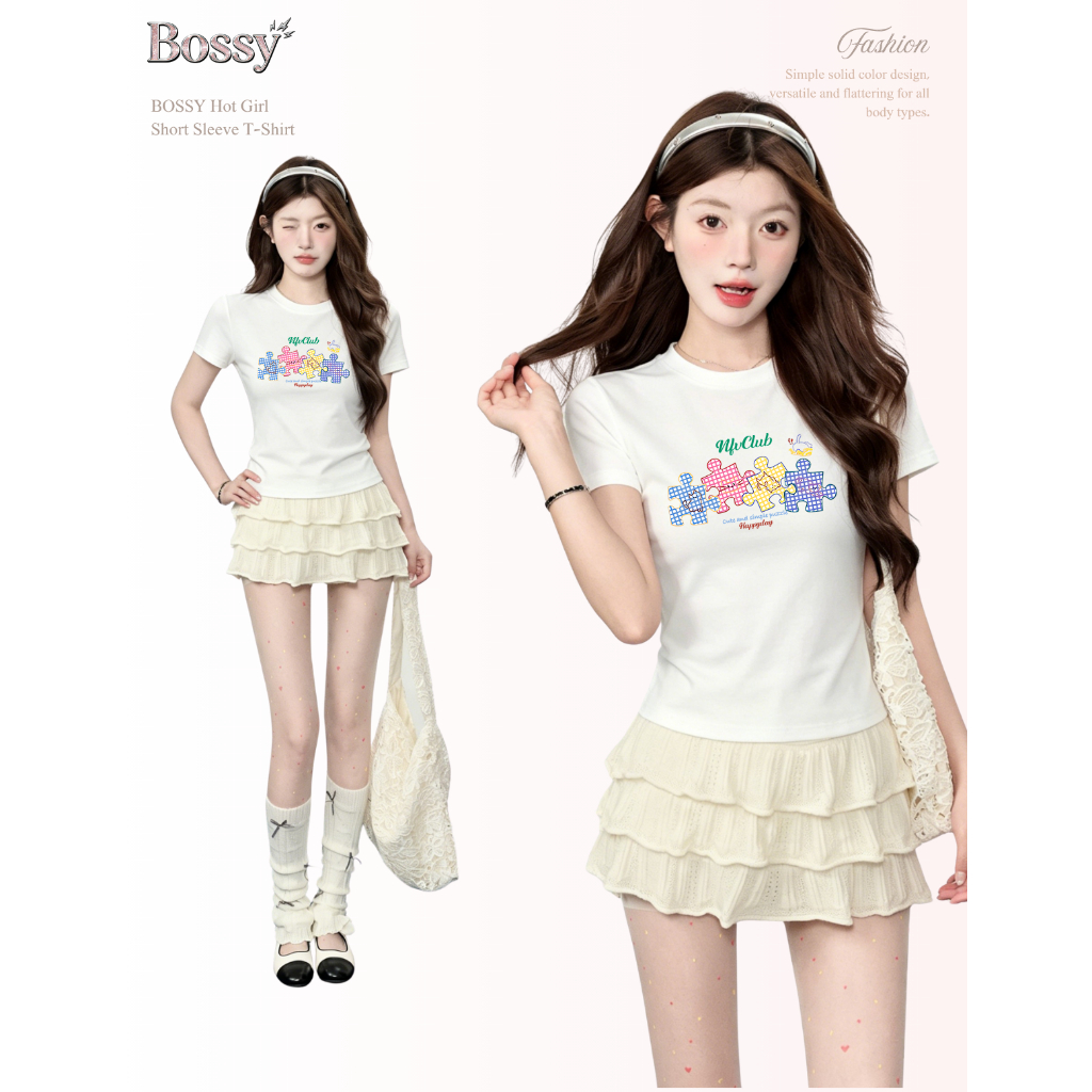 BOSSY เสื้อยืดแขนสั้นคอกลมสไตล์อเมริกันวินเทจ ลายตัวต่อและตัวอักษร ทรงเข้ารูป ผ้าฝ้ายแท้ 100%#E+2553